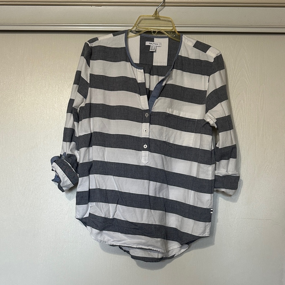 Nautica Women’s Navy and White Striped Button-Up Henley